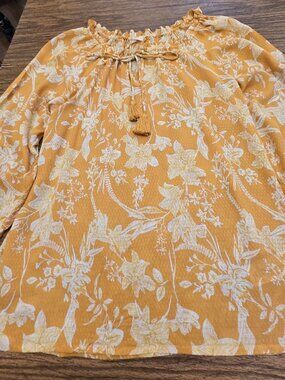 MARFINNO Women's Yellow/White Drawstring Neckline Floral Long Sleeves Blouse LG